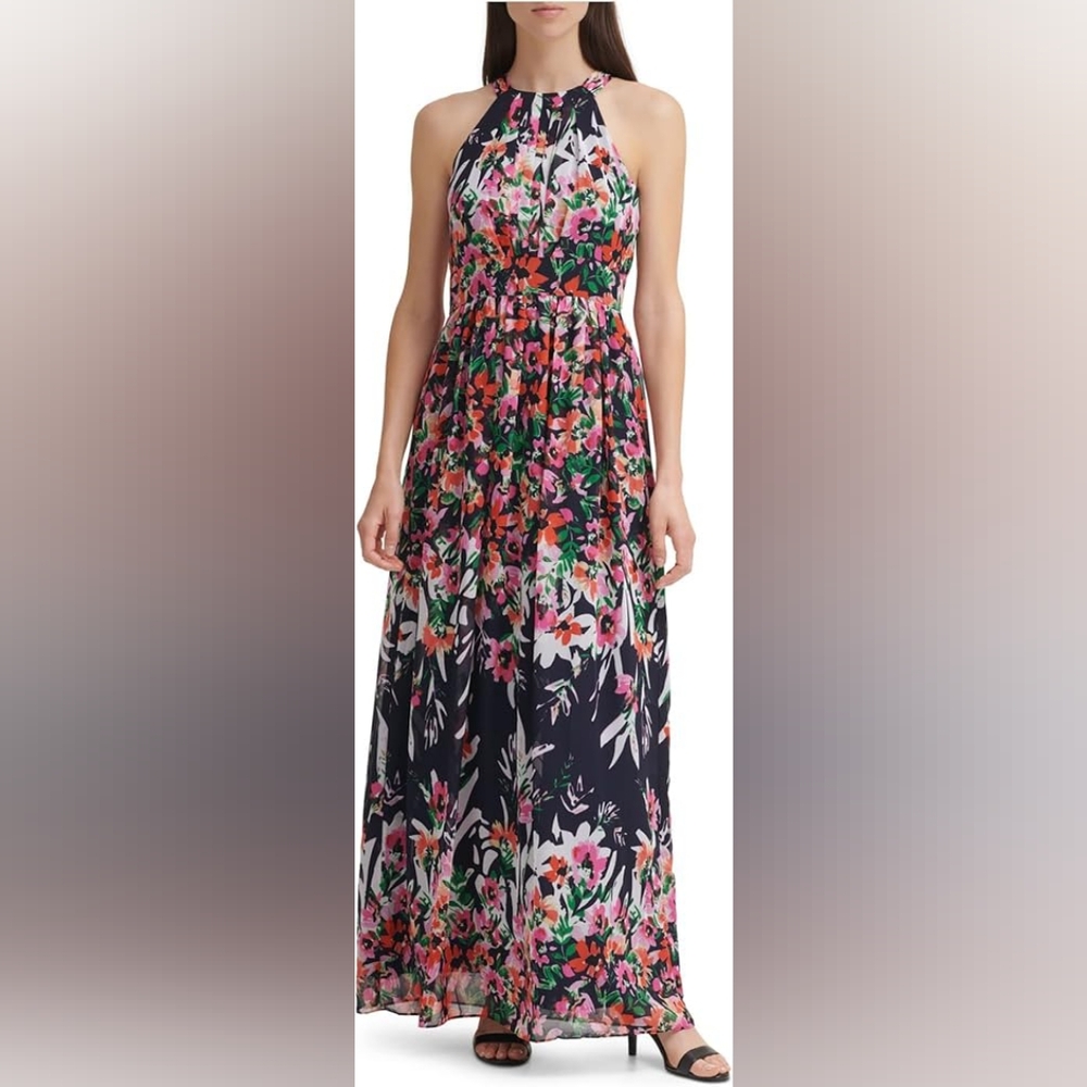 Eliza J Maxi Dress Halter Chiffon – Navy Pink Floral Party Summer Resort 🆕️